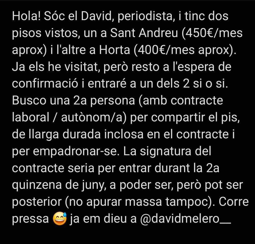 Ajudeu-me a acabar amb l'infern de cercar pis difonent això. Va que amb sort ens portem bé i anem juntes a signar el contracte de lloguer 🔑🎊