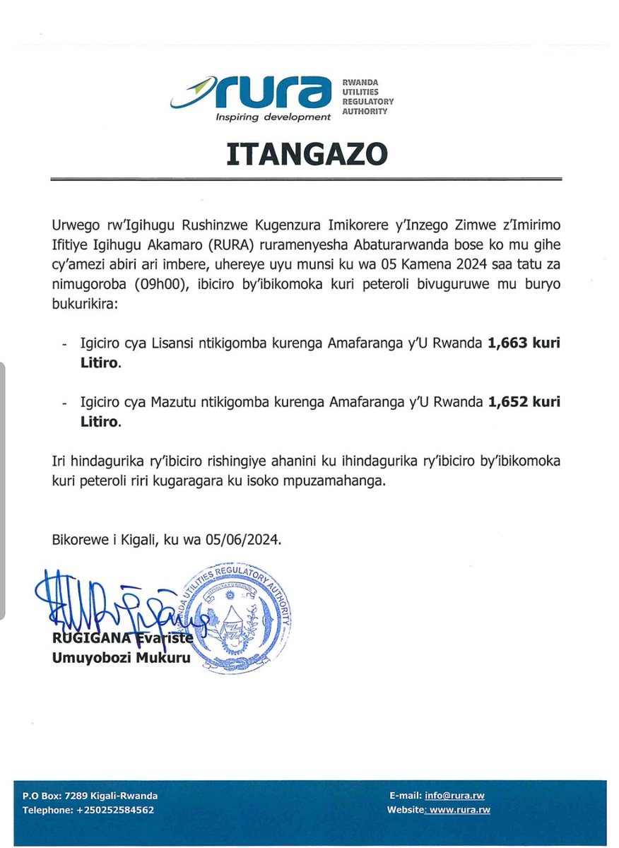 ITANGAZO: Ibiciro bishya by'ibikomoka kuri peteroli, bitangira kubahirizwa guhera tariki ya 05 Kamena 2024, saa tatu za nimugoroba (09h00).