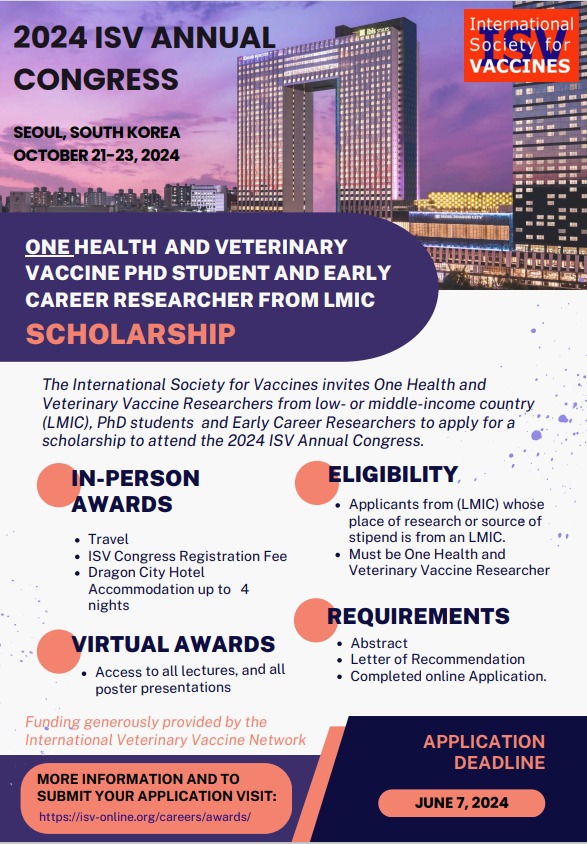 IntVetVaccNet's tweet photo. Mark your calendars for the 2024 ISV Annual Congress in Seoul, South Korea, from 21-23 October!

We're pleased to announce that we are offering scholarships to support both in-person and virtual participation in the congress.🎉

For more details, visit: https://t.co/Xp0gsonkP9 https://t.co/E6WTMDmngX