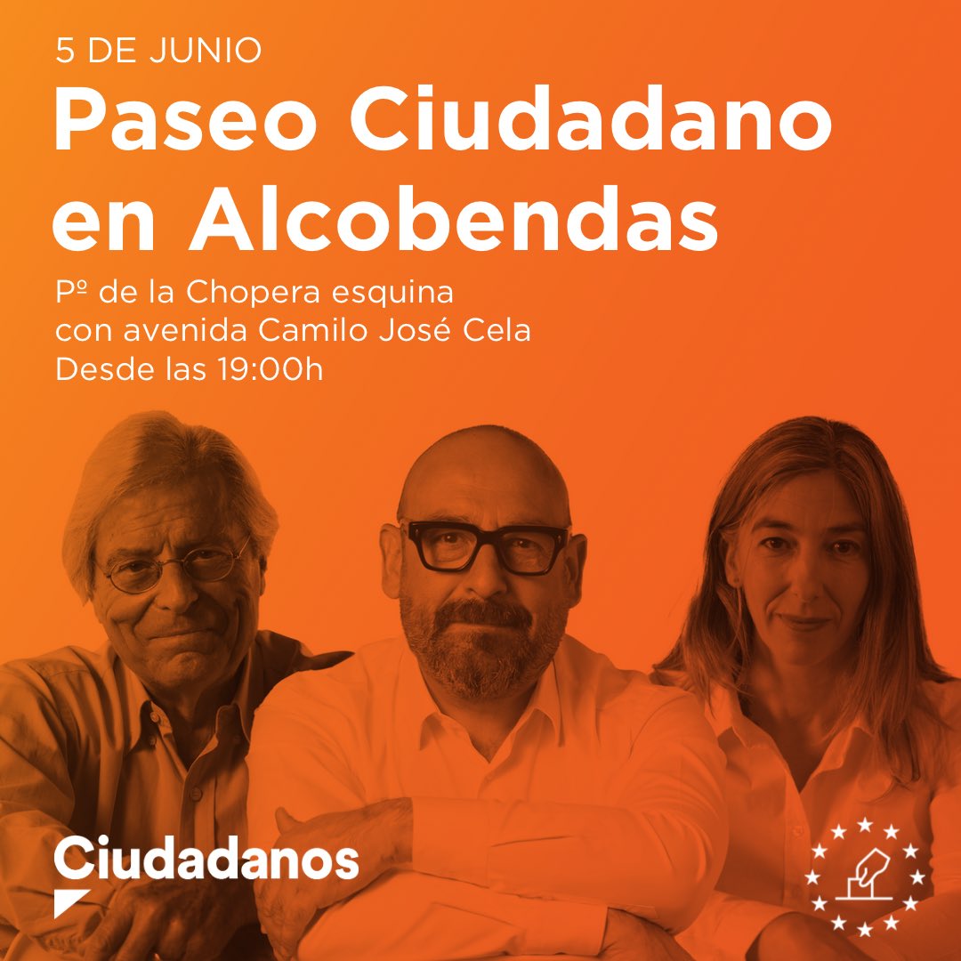 🗳 Este tarde 5 de junio, paseo ciudadano en Alcobendas.

🕚 Desde las 19:00h 

📍Paseo de la Chopera esquina con avenida de Camilo José Cela

¡Vota Ciudadanos! #EquipoEspaña