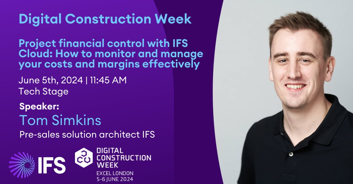 Are you at #DCW2024 Today?
Come meet our expert team at stand D405!

Don't miss our expert Tom Simkins , Pre-sales Solution Architect at IFS, talk about Project Financial Control on the Tech Stage today at 11:45.

Find out more: ifs.link/CQZg0S