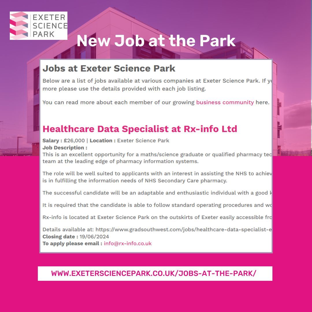 💼 New #JobatthePark 👏 RX-Info are looking for a Healthcare Data Specialist to join them in their office at Exeter Science Park.

View the job details on our #JobsthePark page here: buff.ly/403cZVd 

#stemmjobs #jobsatthepark #stemm #devonjobs #healthcaredataspecialist