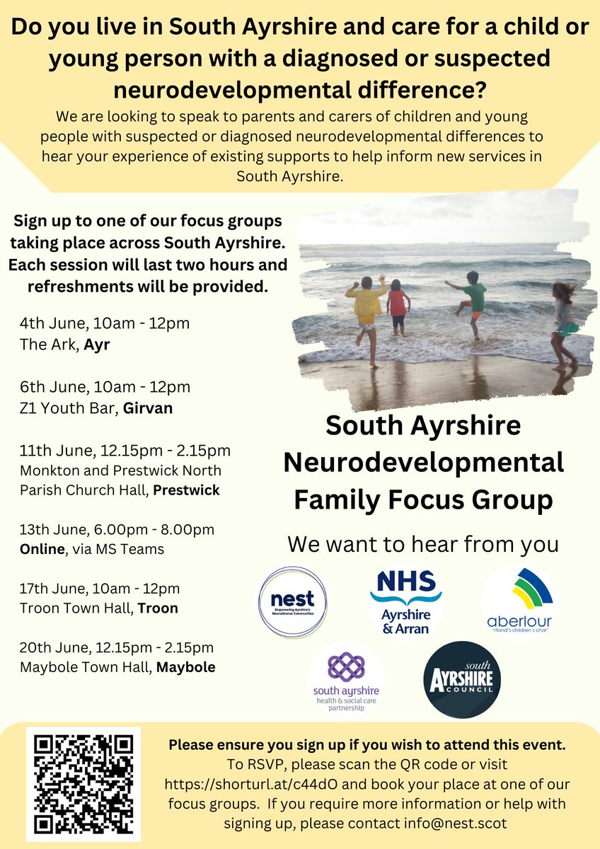 We are looking to speak to parents and carers of children and young people with suspected or diagnosed neurodevelopmental differences to hear your experience of existing supports to help inform new services in South Ayrshire. 

Find out more: nest.scot/event-details/…