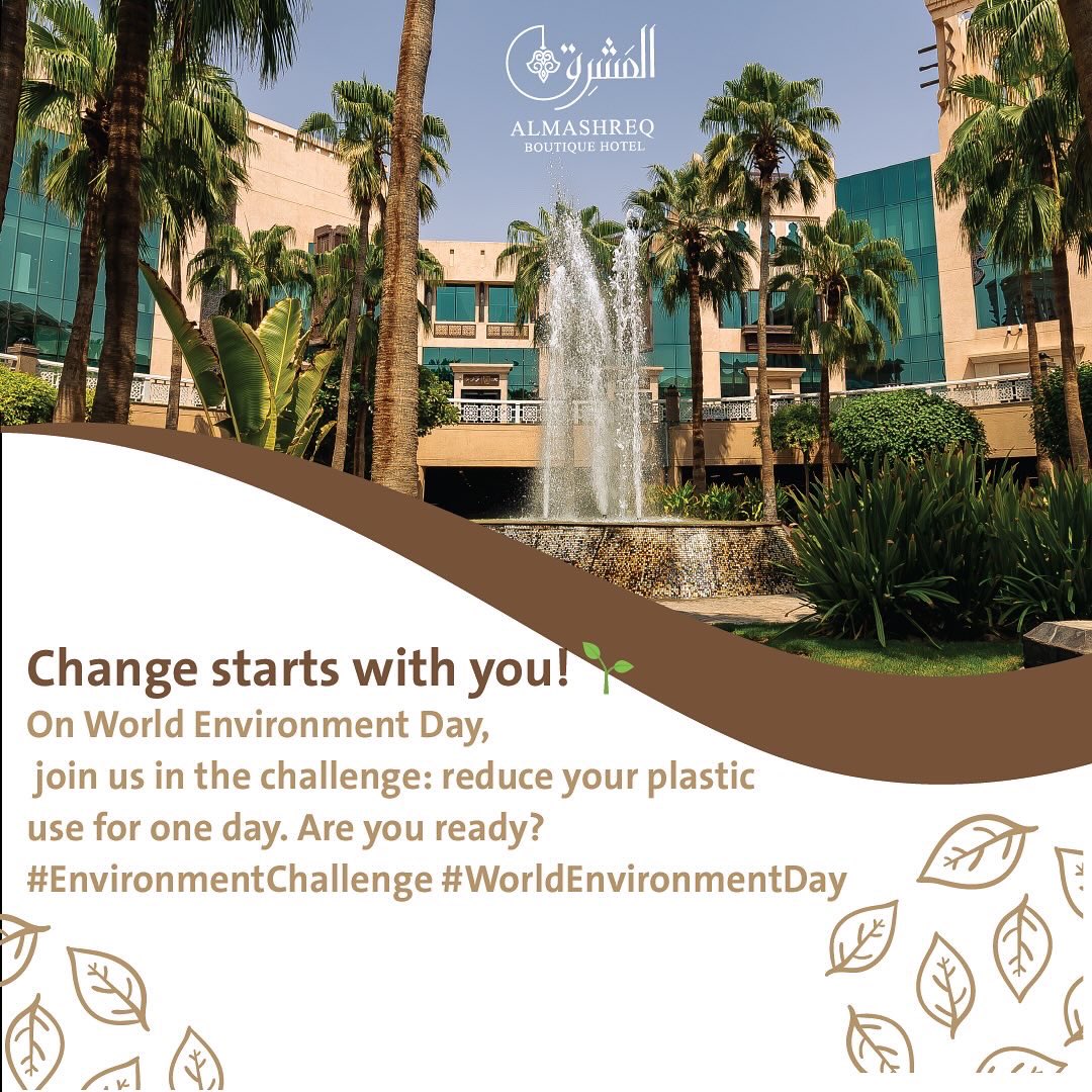 AlmashreqHotels's tweet photo. Change starts with you! 🌱
On World Environment Day,
join us in the challenge: reduce your plastic
use for one day. Are you ready?
#EnvironmentChallenge #WorldEnvironmentDay #environment https://t.co/Lu2yWotNf9