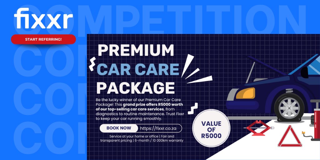 fixxrSA's tweet image. Rev up your engines, it&apos;s competition time! 🏁 Join Fixxr&apos;s exclusive Referral Competition and stand a chance to win R5000 worth of premium car care services!​

Don&apos;t miss out on this opportunity to keep your ride in top-notch condition: bit.ly/3VcOsLE
#Fixxr