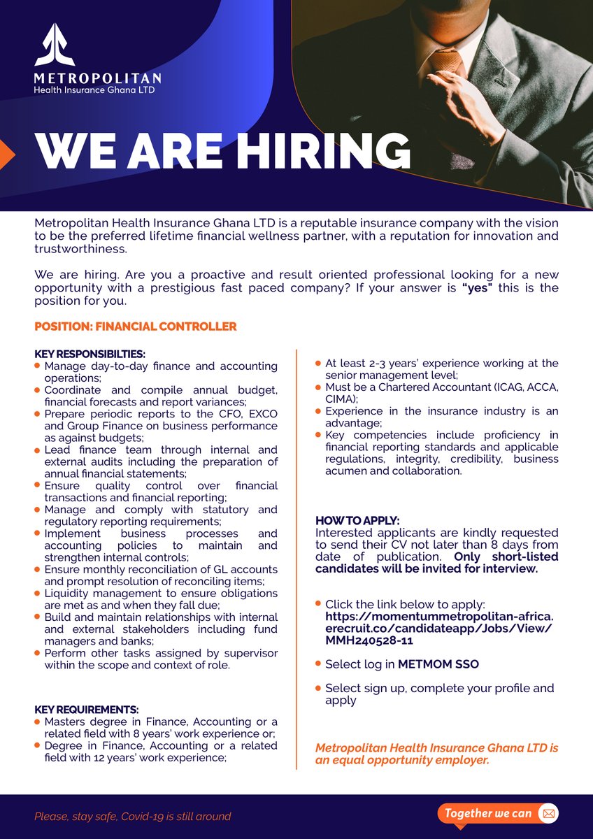 CAREER OPPORTUNITY! 
Join our team as a FINANCIAL CONTROLLER.

Use the link below:
…mentummetropolitan-africa.erecruit.co/candidateapp/J…

#recruitment #metropolitanhealth #metropolitanghana #togetherwecan