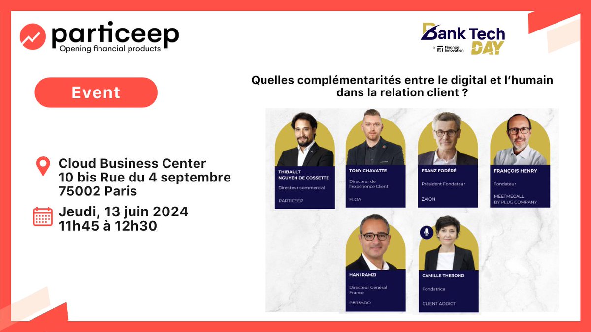 #Event -🚀Nous sommes ravis d’annoncer la participation de Particeep au Banktech Day 2023 ! 

️ Ce 13 juin, rejoignez-nous lors du très attendu #BanktechDay, organisé par @FinanceInnovation, au Cloud Business Center.

🔗 Plus de détails : bit.ly/3KuWU3D
 #RelationClient