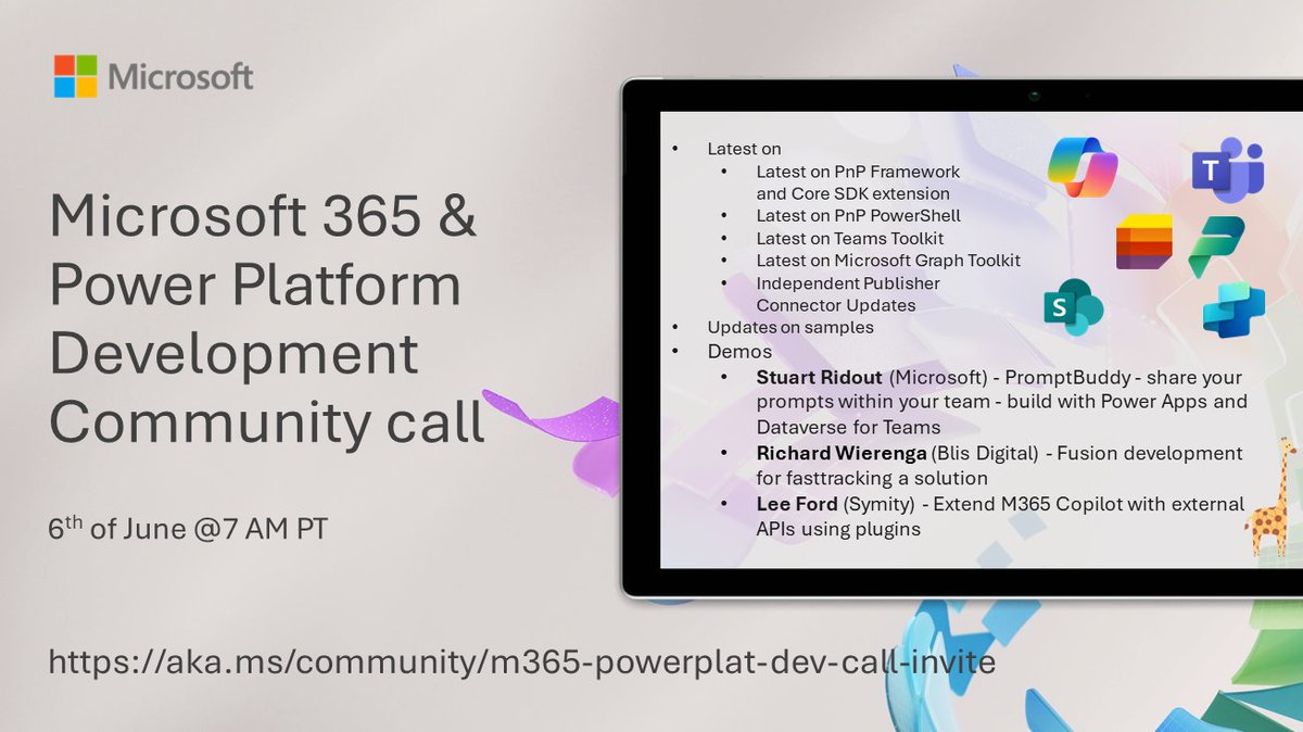SharePoint's tweet photo. π
Agenda for the #Microsoft365dev & #PowerPlatform call 6th of June
- Latest news
- Focus this time on #PowerApps, #FusionDev and #Copilot
- Presented by @stuartridout, Richard Wierenga and @lee_ford
...and more! π
π Join the call β https://t.co/90AtWCygJp https://t.co/emOi2BloUQ