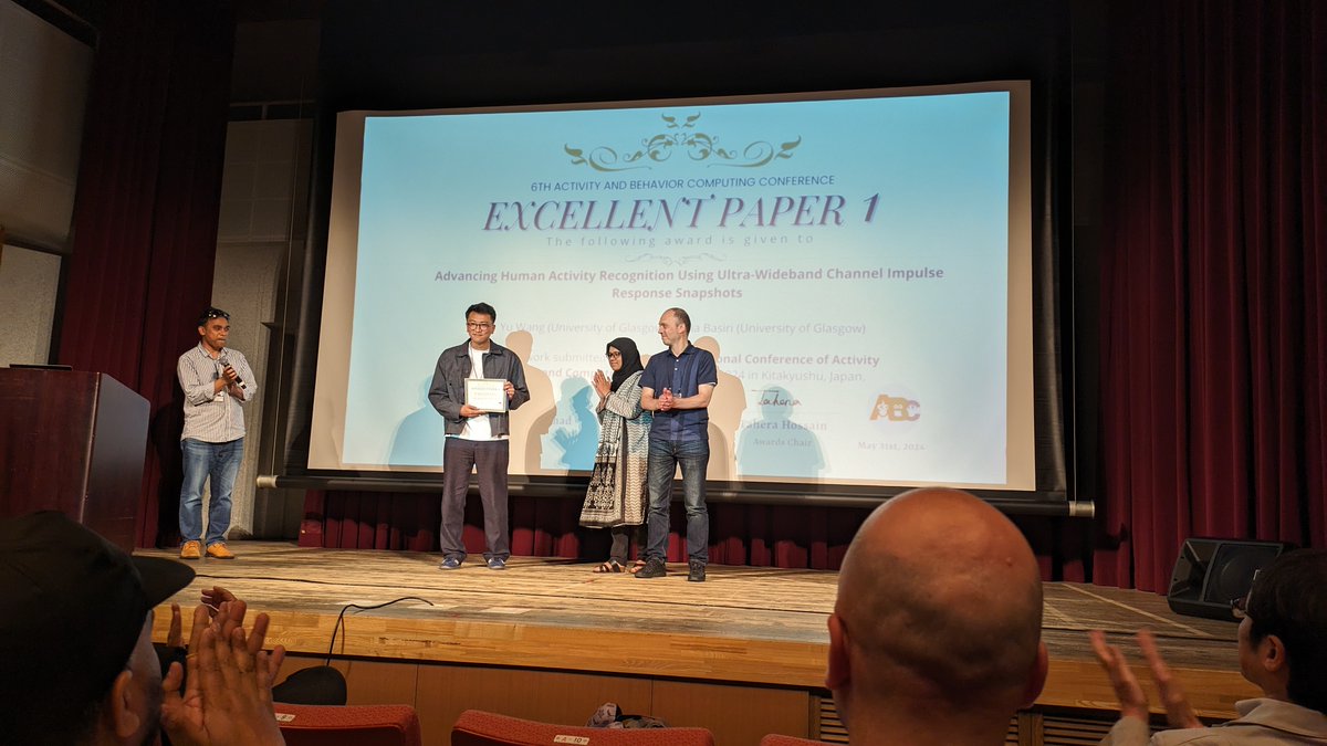 GSDSglasgow's tweet photo. Congrats to our colleague @Yu_WANG_UoG for winning an Excellent Paper Award at #ABC2024! His research focuses on HAR using UWB CIR snapshots, co-authored with Prof. @AnahidBasiri. #ABC2024 #HAR #UWB https://t.co/Z8G3JYI9Hx