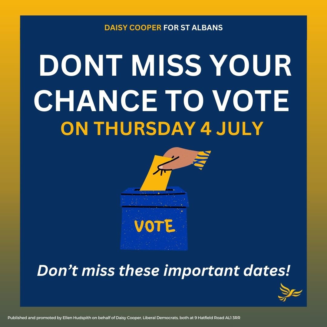 🗳️ Don't lose your chance to vote! 🗳️ Deadlines: 
 
🗳️ Tues 18 June 11.59pm: register to vote⁠
📮 Wed 19 June 5pm: apply for postal vote⁠⁠
🤝Wed 26 June 5pm: apply for proxy vote &amp;/or for a Voter ID certificate
 
🔶 Thur 4 July: polling day! 🔶