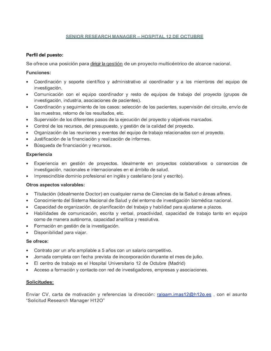 PazAresLab's tweet photo. 🚨 @UAI_imas12 @PazAresLab  buscamos un Senior Research Manager para coordinar la gestión de un gran proyecto en cáncer a nivel nacional. Experiencia en gestión de proyectos y consorcios, y destreza comunicativa y organizativa
✍️ https://t.co/p6AnEuKV6h 
 https://t.co/aZFvqQaS2R https://t.co/wIP7xmJQ0f