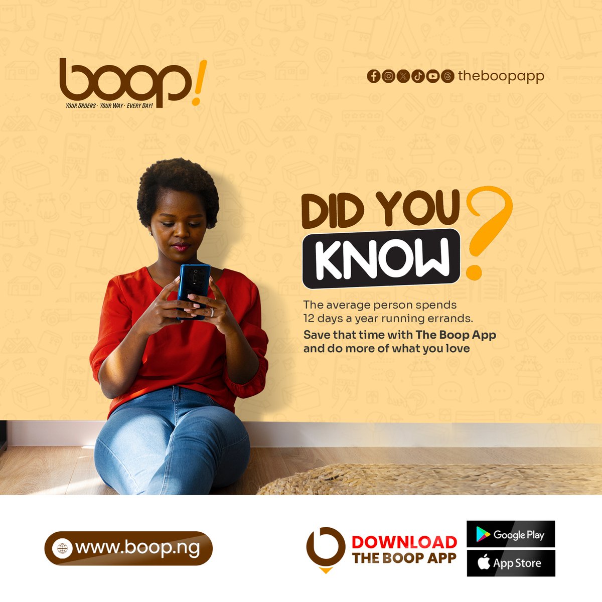 theboopapp's tweet photo. 12 days a year on errands? 
Not with the Boop App! 
Save time and enjoy life more🕒
.
.
.
#TheBoopApp 
#TimeSaver 
#MoreLife
#Nigerians
#fg and nlc https://t.co/JqLcLgxMWe