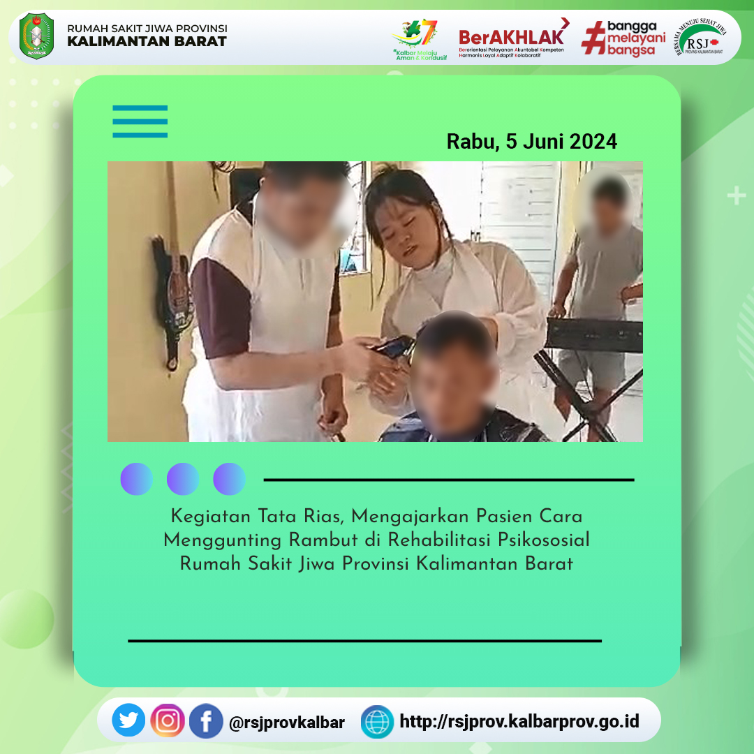 rsjprovkalbar's tweet photo. Kegiatan Tata Rias Mengajarkan pasien menggunting rambut di Rehabilitasi Psikososial Rumah Sakit Jiwa Provinsi Kalimantan Barat

#rsjsingkawang #rsjprovkalbar #tatarias #rehabilitasipsikososial https://t.co/CAxkMaE4B1