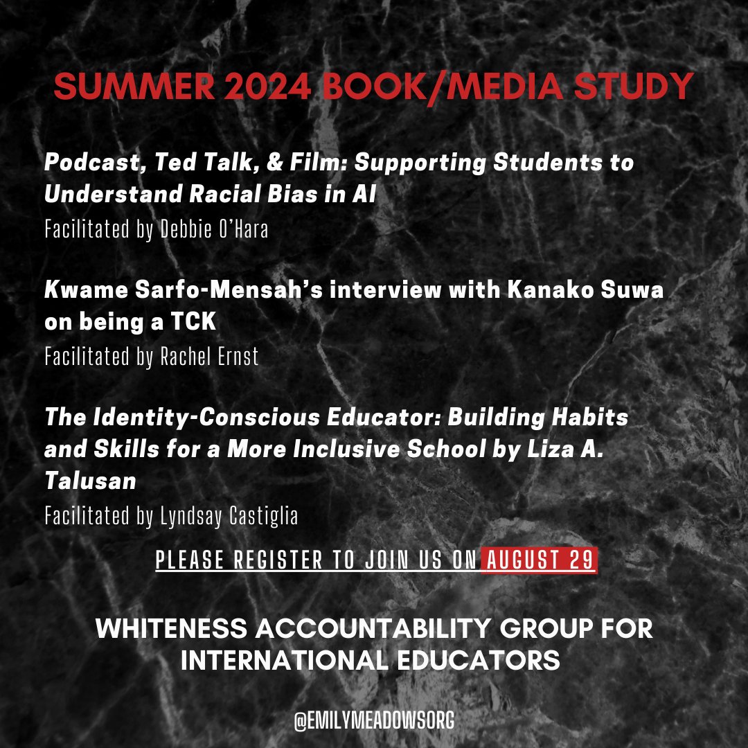 On August 29th the Whiteness Accountability Group for International Educators will host our fourth annual summer book/media study. Participants engage with  the below options, then select a break-out room during the session to focus on one topic.

More info &amp; registration below: