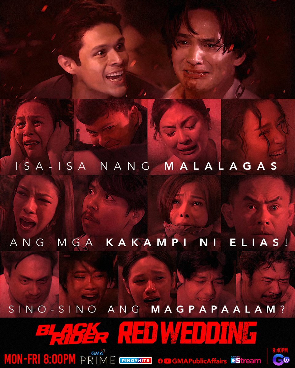 GMA_PA's tweet photo. Sino-sino sa mga kakampi ni Elias ang mamamaalam?! #BlackRider

Huwag palalampasin ang mga tagpo sa #BlackRiderRedWedding ngayong Miyerkules, 8 PM sa GMA Prime, GMA Public Affairs' FB/YT livestream at 9:40 PM sa GTV. https://t.co/ccd6eKkwDF