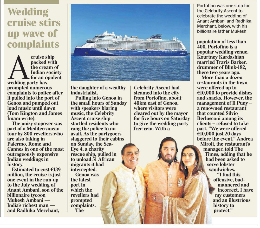 Advaidism's tweet photo. TIMES (UK): “A cruise ship packed with the cream of Indian society for an opulent wedding party has prompted complaints to police after it pulled into the port of Genoa in Italy and pumped out loud music until dawn”.

The Indian media didn't report this story. https://t.co/99p98B9ukL