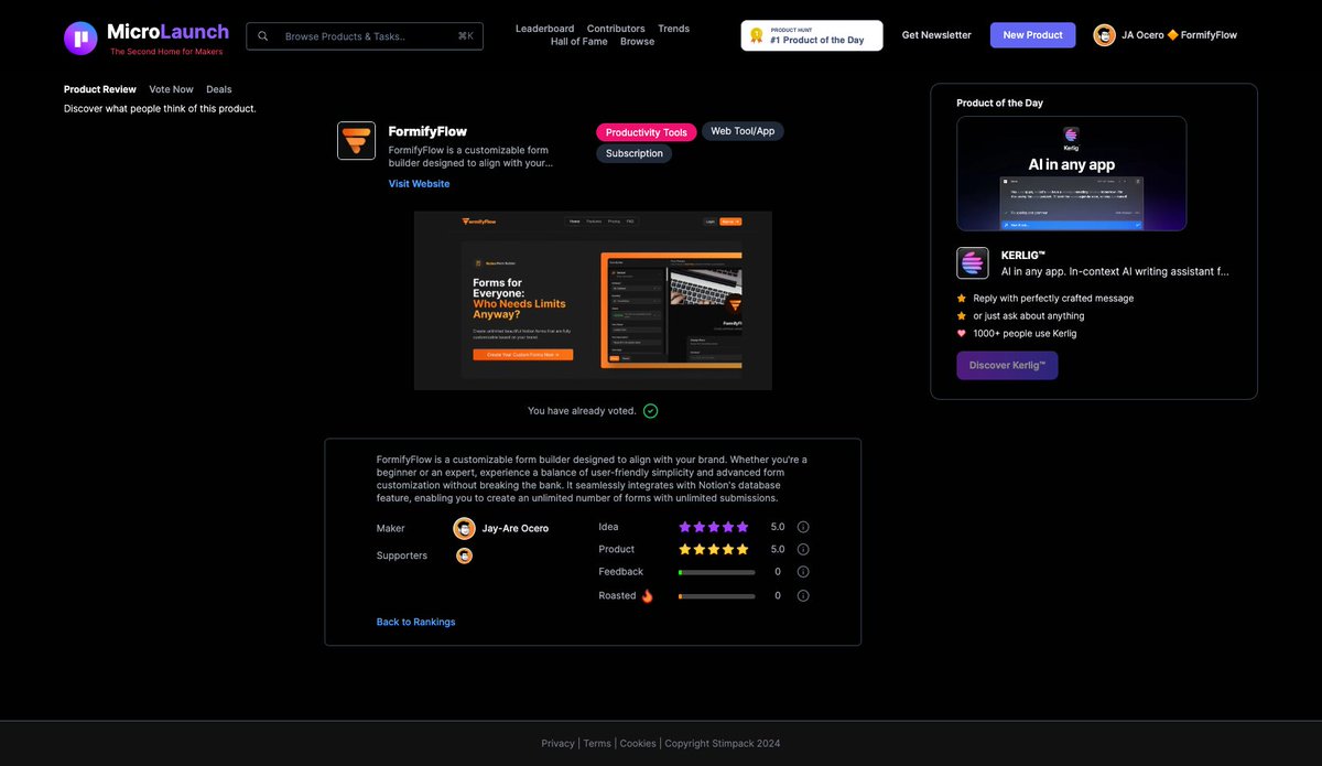 jaocero's tweet image. 🎉 Big news, everyone! @formifyflow is officially live on @MicroLaunchHQ ! 🚀 We need your support—give us an upvote! 👍 If you love creating unlimited stunning forms with unlimited submissions and hassle-free Notion integration, you’ll be obsessed with @formifyflow. Check link👇