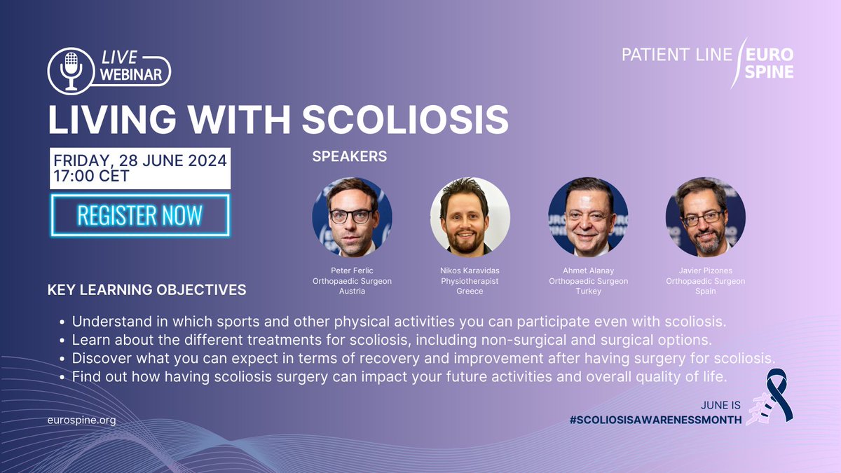 Nehmen Sie an unserem kostenlosen englischsprachigen Webinar “Leben mit Skoliose” am 28.6. um 17h teil. Erfahren Sie, welche Sportarten+Aktivitäten bei Skoliose sicher sind, sowie über Behandlungsmöglichkeiten &amp; deren Einfluss auf die Lebensqualität. 
eurospine.org/events/patient…