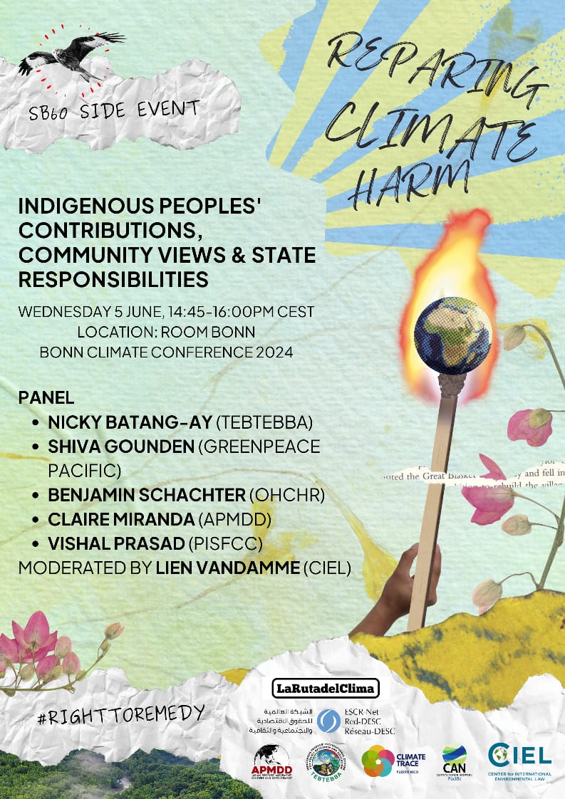 For those in Bonn: join us TODAY at 14:45 in Room Bonn :

A brilliant panel will discuss climate-related human rights harm &amp; the right to remedy  #SB60 
Climate Reparations is a Right!
