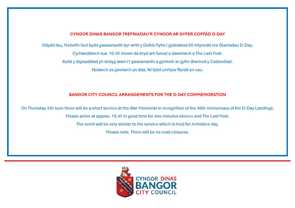 Cyngor Dinas Bangor Trefniadau'r Cyngor ar gyfer coffâd D-Day

Bangor City Council arrangements for the D-Day commemoration