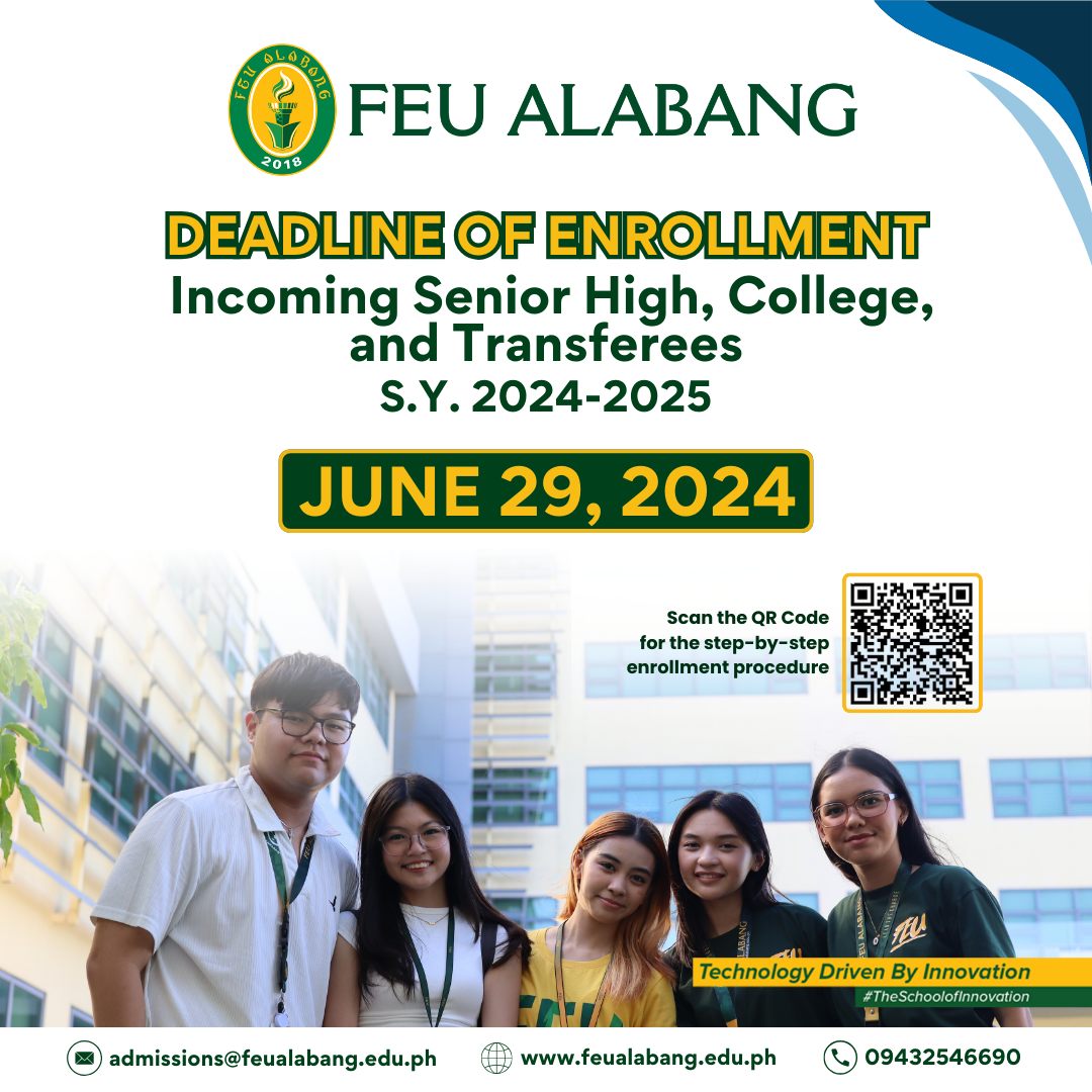 Horns up! This is your sign to charge your FEUture with us 💚💛

The deadline of enrollment for incoming Senior High, College, and Transferees is on JUNE 29, 2024.

Begin the first step of your enrollment process for S.Y. 2024-2025 by registering now at bit.ly/feuregistration
