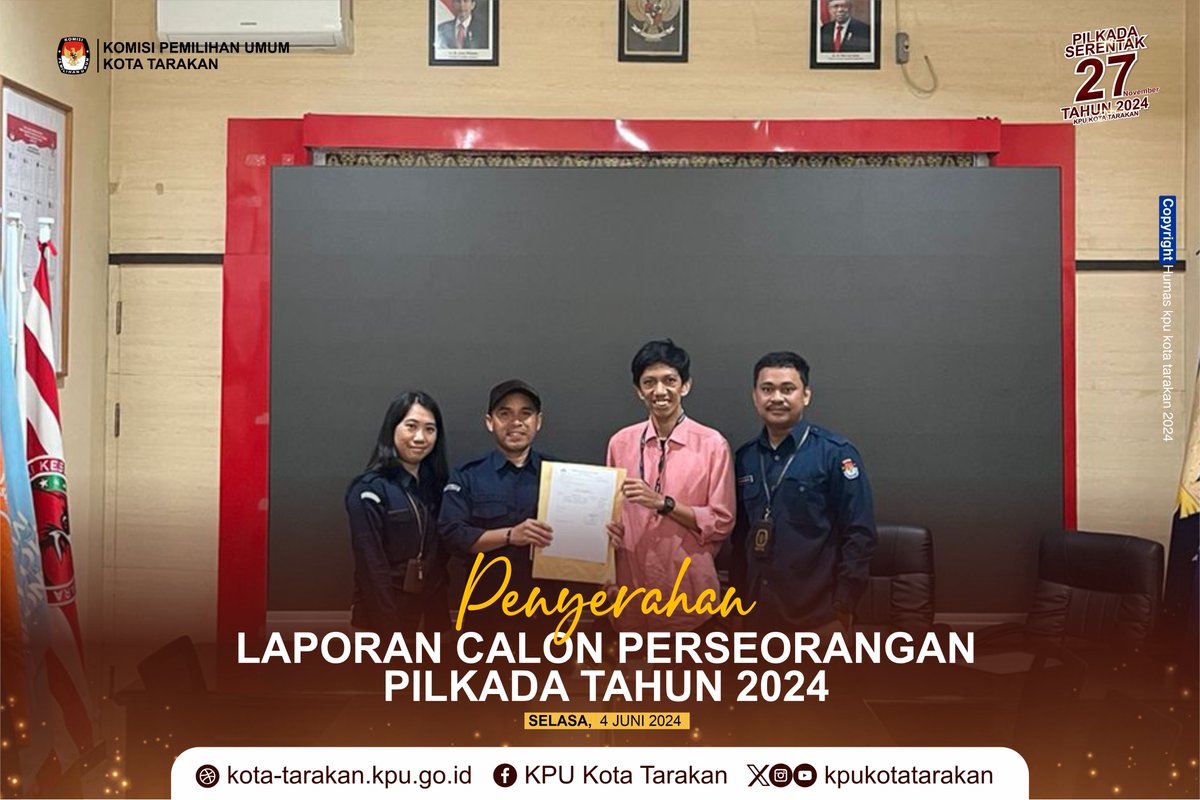 KPUKotaTarakan's tweet photo. Hallo #TemanPemilih Anggota KPU Asriadi, S.H dan Staf KPU Kota Tarakan melakukan Penyerahan Laporan Calon Perseorangan Pilkada Tahun 2024.
di kantor KPU Provinsi Kalimantan Utara. Selasa, 4 Juni 2024.

#KPUmelayani https://t.co/M0rDJdi85x