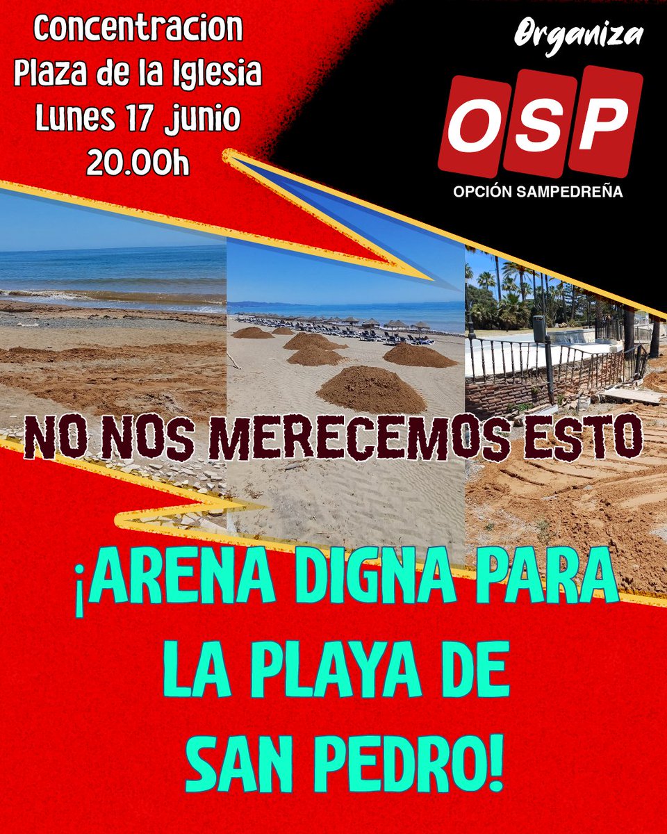 🚨 ¡ÚNETE el 17 de junio a las 20:00h en la Plaza de la Iglesia! 🏖️ #ArenaDignaParaSanPedro 🏖️

El Ayuntamiento del PP castiga a San Pedro Alcántara con playas sucias y obras interminables. Merecemos respeto y trato digno. #JusticiaParaSanPedro #SanPedroSeMereceMás 🌊