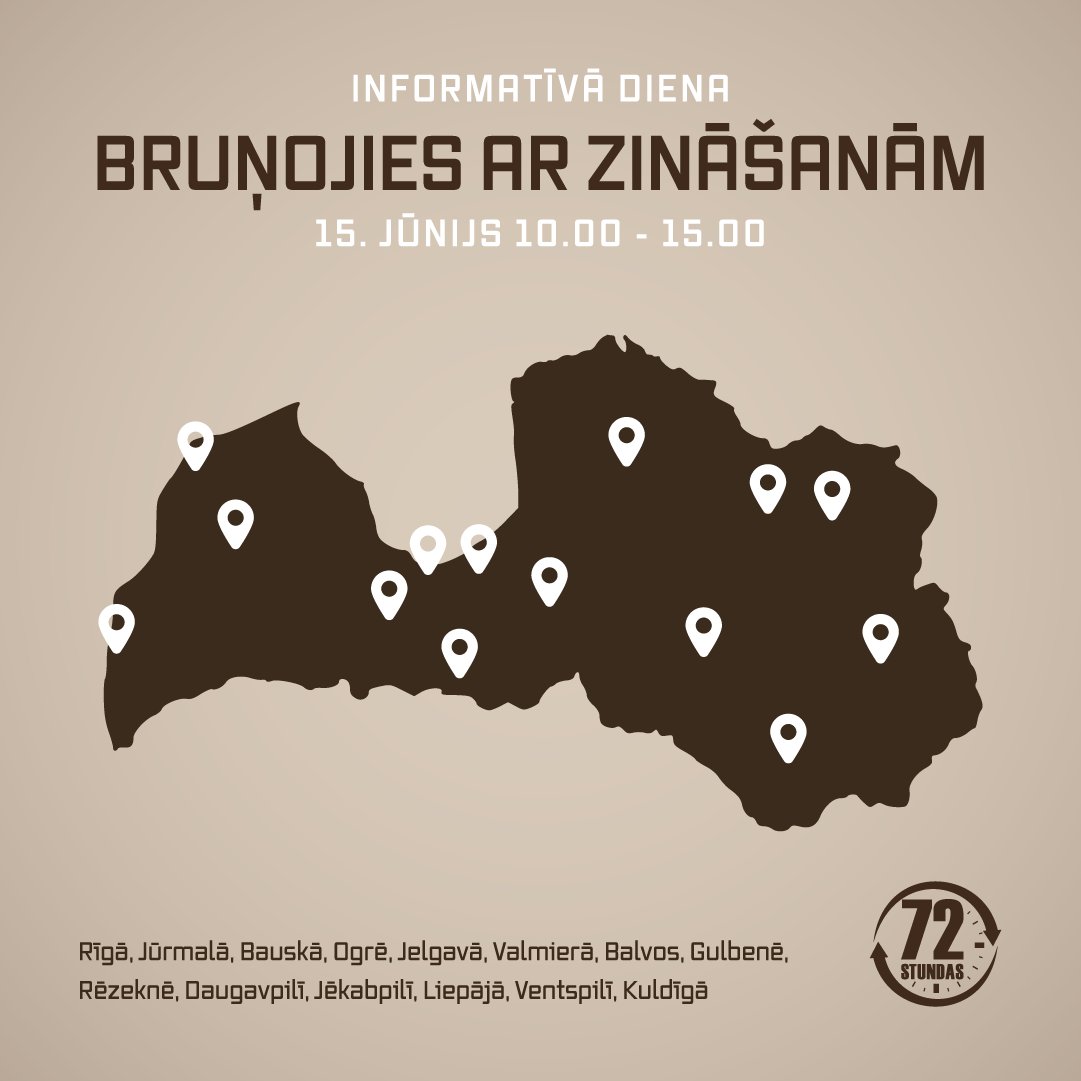 Piedalies informatīvajā dienā "Bruņojies ar zināšanām" un uzzini par rīcību krīzes un militāra apdraudējuma gadījumos. Kopā ar <a href="/zemessardze_LV/">Latvijas Zemessardze</a>,  Latvijas pašvaldībām, <a href="/Valsts_policija/">Valsts policija</a>, <a href="/ugunsdzeseji/">VUGD</a>, <a href="/NMPdienests/">NMPdienests</a> 

14 pilsētas! 5 apmācību stacijas!
 
ℹ️: bit.ly/Informativa_Di…