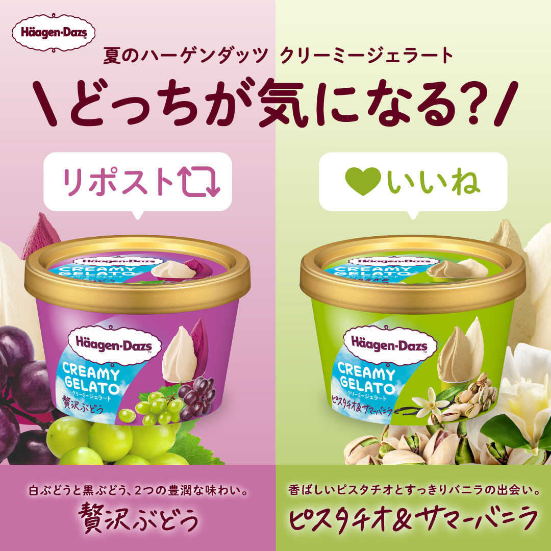 Haagen_Dazs_JP's tweet photo. ／
✨6月25日、新発売！✨
夏のハーゲンダッツ #クリーミージェラート
＼

クリーミージェラートから
2つのフレーバーが新登場！🥄

あなたが気になるのはどっち？

🍇「贅沢ぶどう」→リポスト
🍨「ピスタチオ＆サマーバニラ」→いいね https://t.co/vFiHT3qkvp