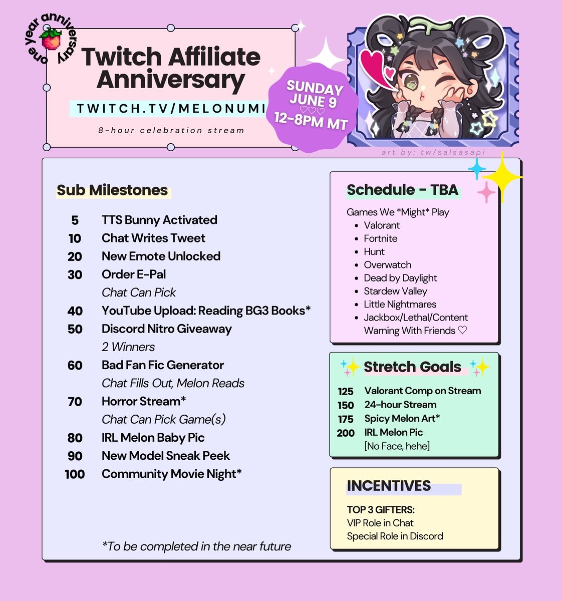 it’s been a year since reaching affiliate — you know what that means ଘ(੭*ˊᵕˋ)੭* 

join me this sunday (jun. 9) 12PM-8PM MT for a little celebration stream ♡