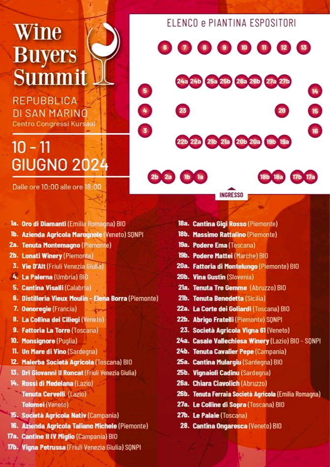 Il prossimo 10 giugno, presso il Centro Congressi Kursaal, prenderà il via la 4° edizione del WINE BUYERS SUMMIT.
L’evento è riservato ai Professionisti del Settore e l’ingresso è gratuito.
wbs.wine