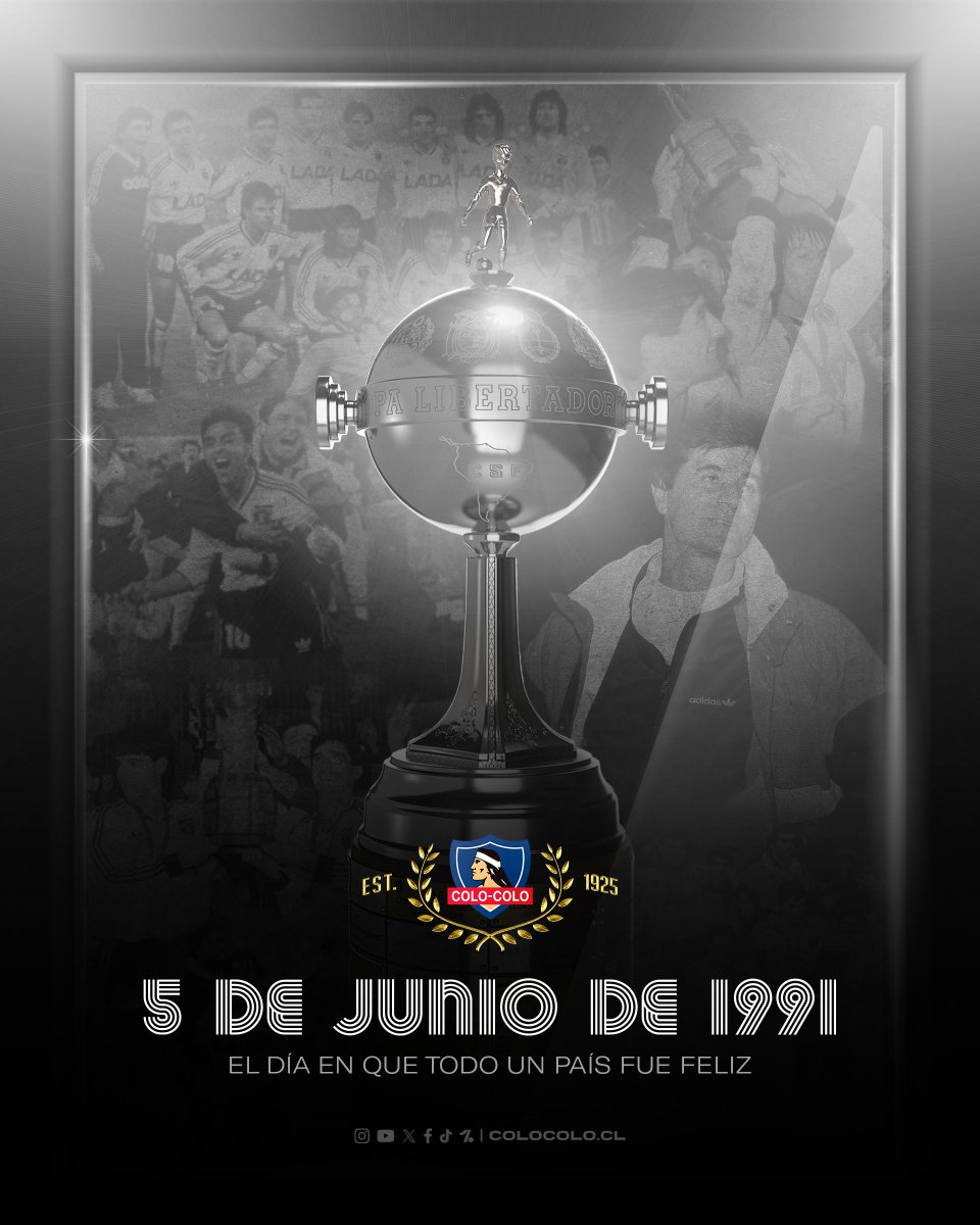ColoColo's tweet photo. 𝟑𝟑 𝐀𝐧̃𝐨𝐬 𝐝𝐞 𝐂𝐨𝐥𝐨-𝐂𝐨𝐥𝐨 𝐂𝐚𝐦𝐩𝐞𝐨́𝐧 𝐝𝐞 𝐂𝐨𝐩𝐚 𝐋𝐢𝐛𝐞𝐫𝐭𝐚𝐝𝐨𝐫𝐞𝐬 𝟏𝟗𝟗𝟏 🏆

Hoy conmemoramos un nuevo año del logro deportivo, a nivel de clubes, más importante del fútbol chileno. 

¡VAMOS COLO-COLO! ⚪⚫ https://t.co/p5b7k6g6cF