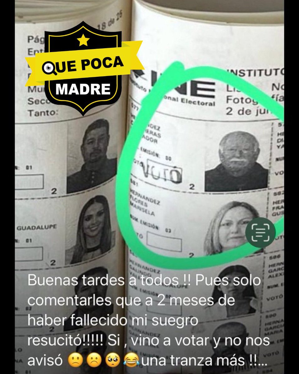 QuePocaMadre_Mx's tweet photo. 📌HABRÁ VOTADO #PacoStanley⁉️🤔

‼️MILAGRO ELECTORAL‼️🗳️🙏 MEXICO: PAÍS EN EL QUE LOS MUE3RT0S REGRESAN PARA COMER Y PARA VOTAR 🇲🇽🧟 https://t.co/YzIRc8muLs