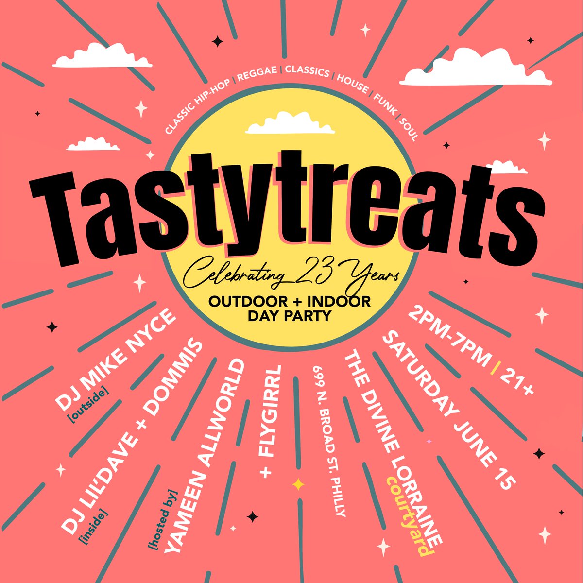 Celebrate our 23rd Anniversary w us on Sat. June 15! Outdoor/indoor day party in the courtyard of The Divine Lorraine 2pm-7pm! Classic HipHop, Reggae, Classics, House, Funk, Soul + more by DJ's Mike Nyce, lil'dave, Dommis and host Yameen Allworld! Grab tix flygirrl.com/events