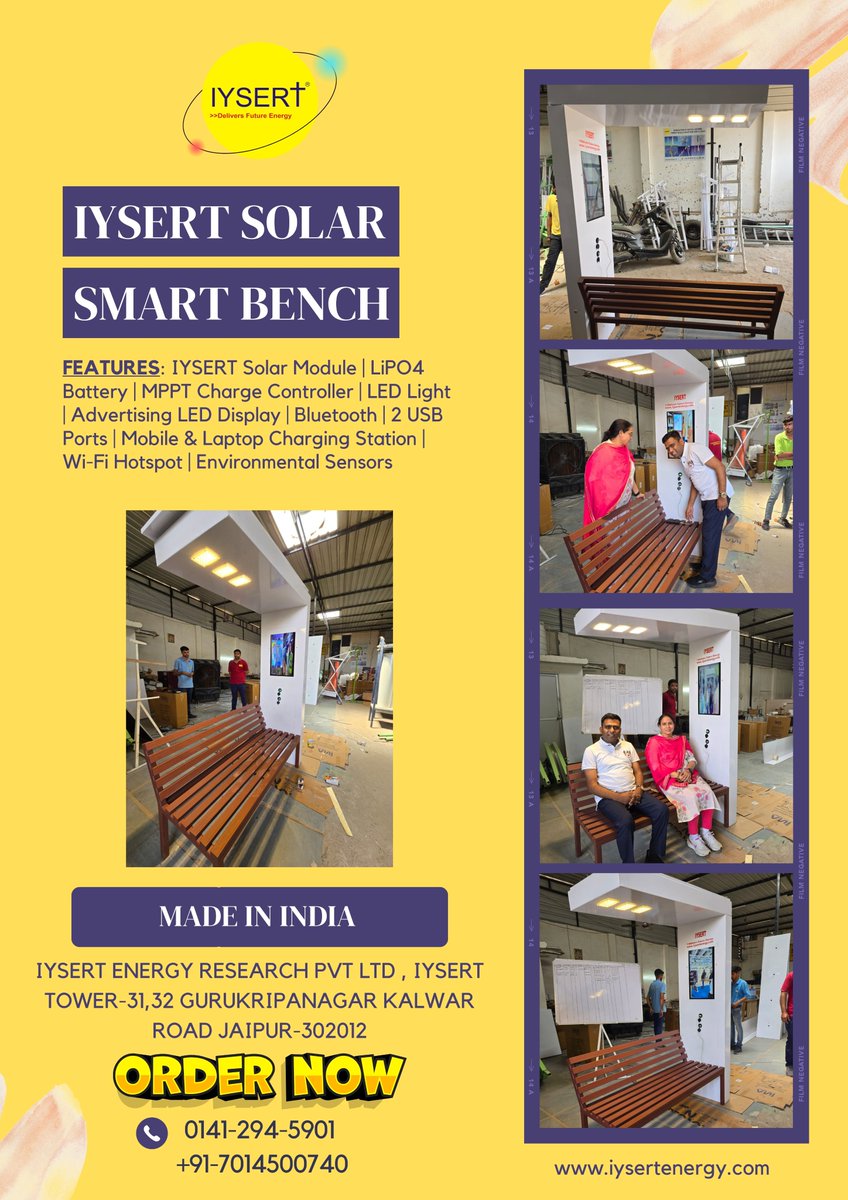 iysert's tweet image. IYSERT NEW ARRIVAL SOLAR SMART BENCH.
To Know more about us- iysertenergy.com
Contact Us- sales@iysertenergy.com
#smartbench #solarbench #SolarLights #makeinindia#solartree#wind #Iysertsolarmission
