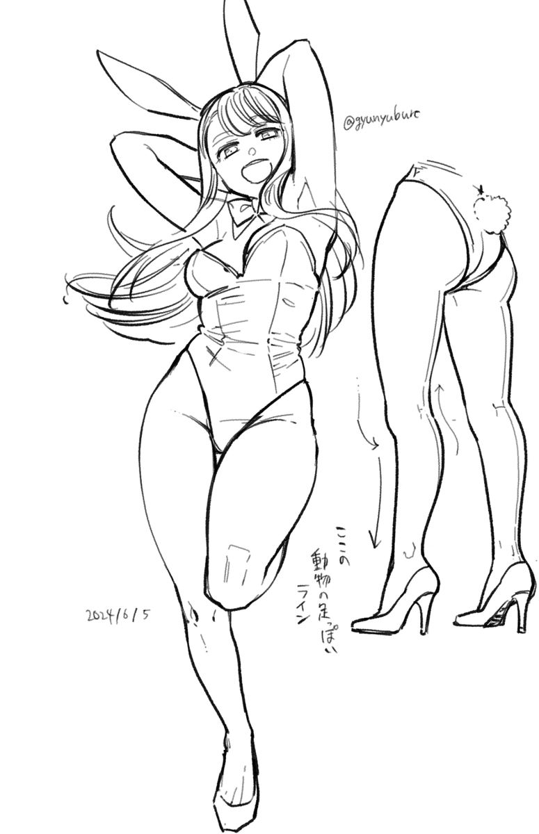 女性のウエストから腰のラインを描きたかったけどうまくラインが出る服を考えるのが面倒でバニーを採用
あと人間の足を見ると動物だなあと思います 