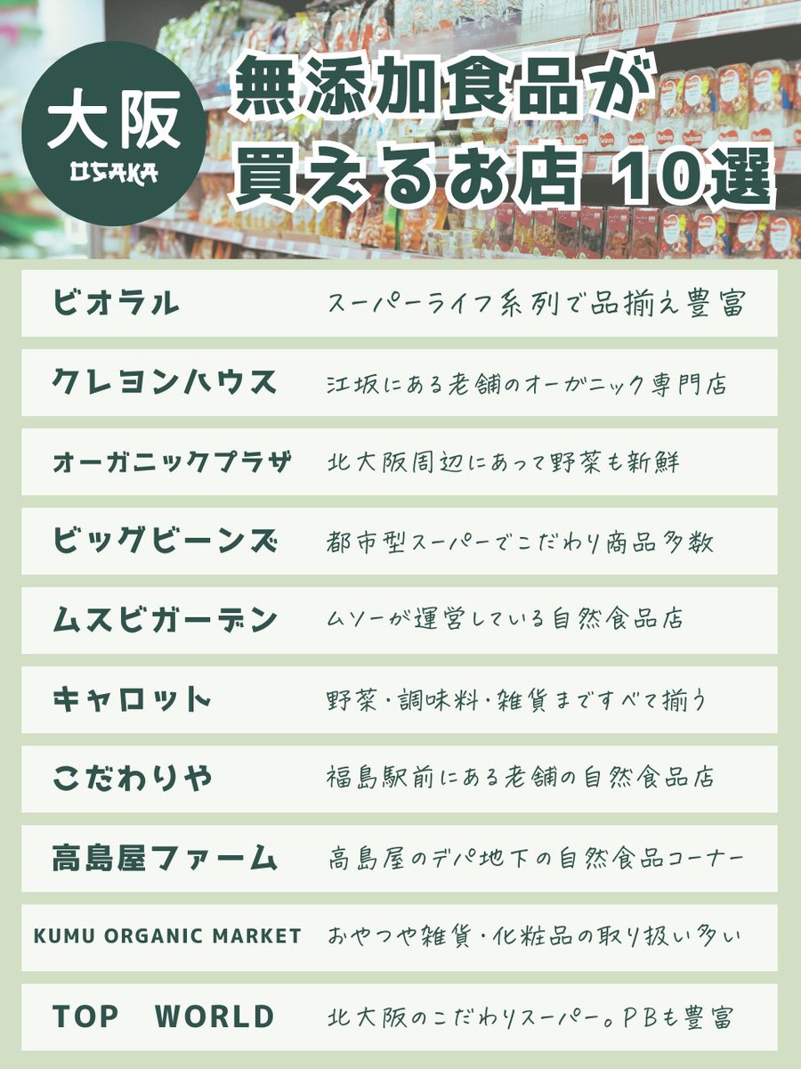 kinari_mutenka_'s tweet photo. 以前の投稿で無添加食品が買えるお店一覧に反響があったので、大阪のおすすめのお店をわかりやすくまとめてみました！

参考にしてみてください！

私のおすすめは、ビオラルとTOPWORLDです！😊💕 https://t.co/4VcDUIGrx0