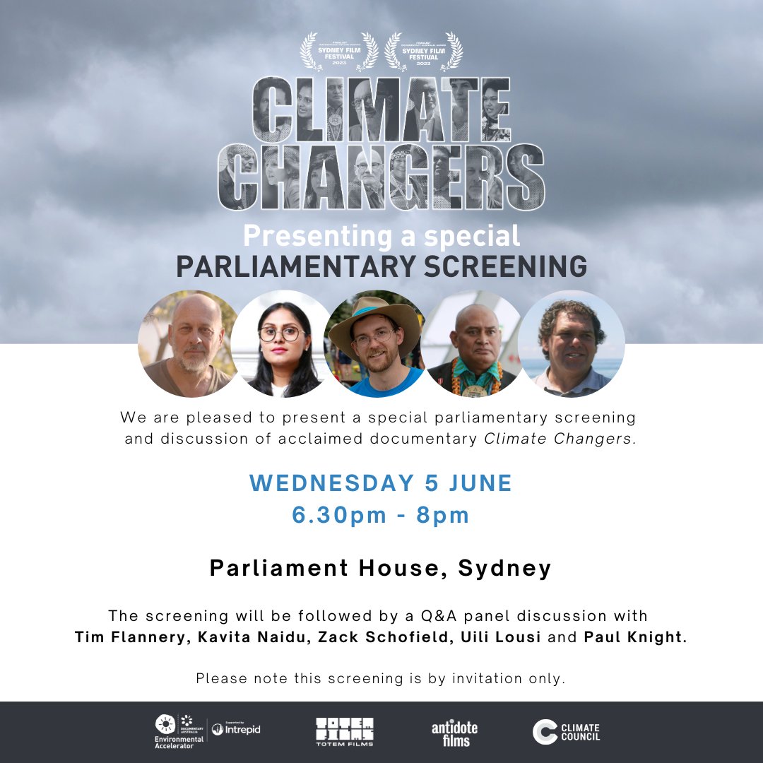 climatecmovie's tweet photo. We  are thrilled to announce a special parliamentary screening and discussion happening tonight for World Environment Day in NSW Parliament, presented by @DocumentaryAus  and @climatecouncil with speakers Tim Flannery, Uili Lousi, Paul Knight, Kavita Naidu and Zack Schofield. https://t.co/xajZa6tRfI