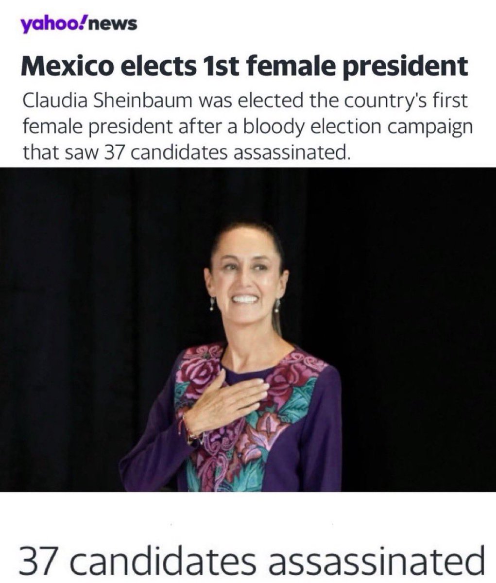 KryptoKnights01's tweet photo. Mexico’s new President Claudia Sheinbaum is going viral for winning the ‘Mexican Presidential Hunger Games.’ President Sheinbaum won her election with the miracle of not being touched or targeted while 37 other candidates were assassinated. 
Coincidence…? https://t.co/7SSl48D1YC