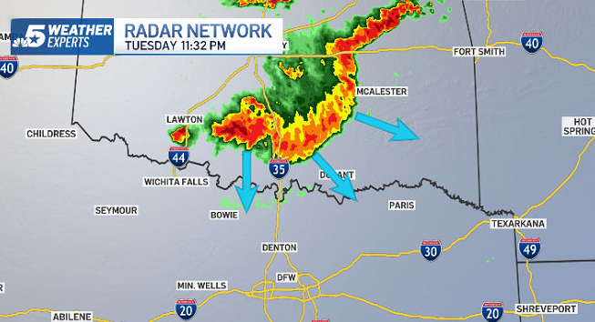 11:33 pm Tuesday...strong to severe storms are moving through southern Oklahoma. The storms are moving SSE at around 30 mph. The strongest cells are producing winds to 60 mph, heavy rain and occasional hail.