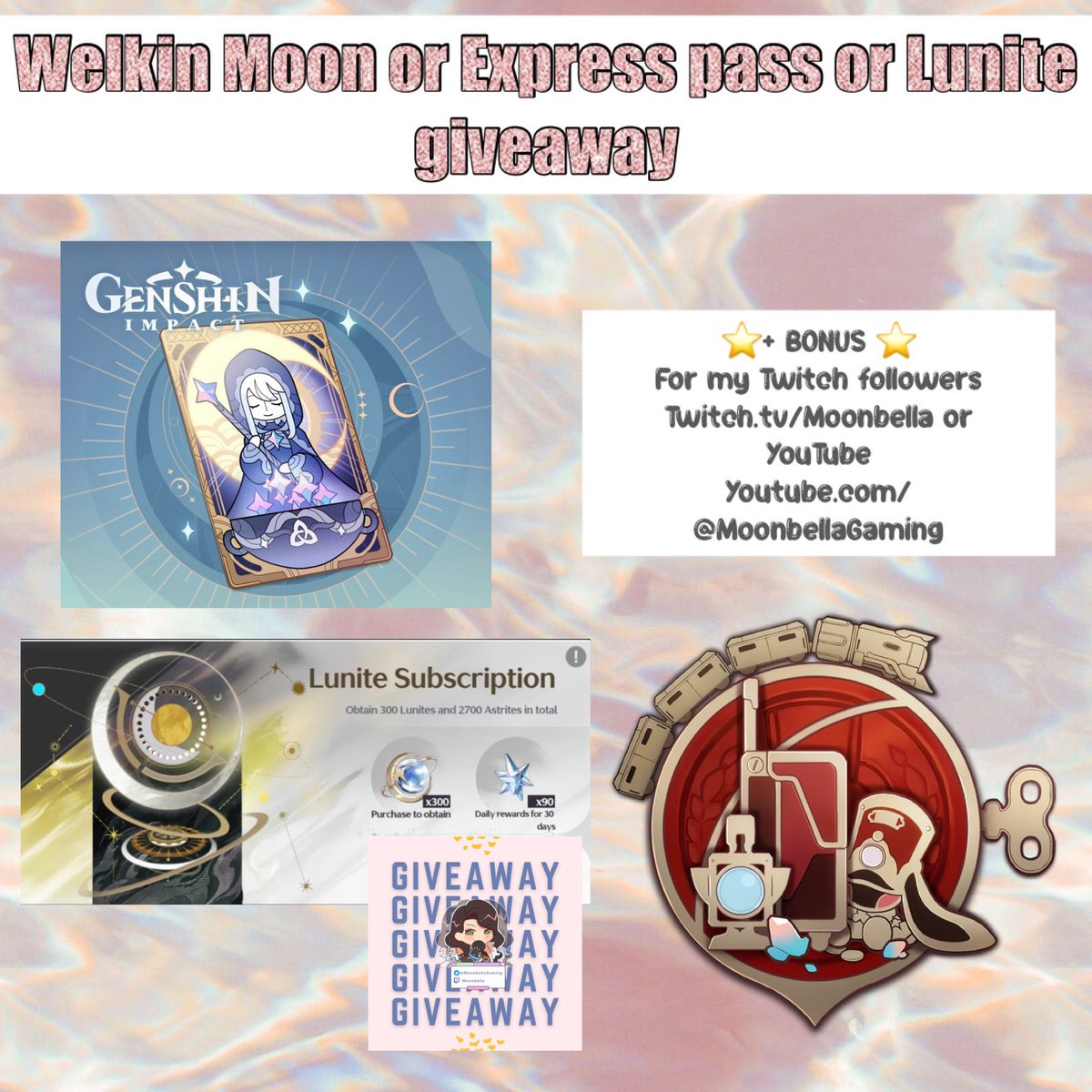 MoonbellaGaming's tweet photo. 🌸GIVEAWAY🌸

✨Blessing of the Welkin Moon
Or
✨Express Supply Pass
Or
✨Lunite subscription 

💗Re Tweet &amp; Follow💗

Winner announced Friday 7th

BONUS: If you Win and follow my Twitch or YouTube Choose another
https://t.co/yGmwkn3xyk
https://t.co/qxCVct7L4h https://t.co/RkOSyhH4iG