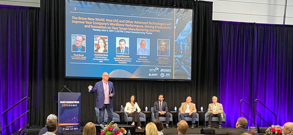 davidromero_mex's tweet image. @THE_WMF at the @SmartMfgExp 2024 - Keynote Series Panel: &quot;How AI &amp;amp; Other Advanced Techs Will Improve Your Company&apos;s Workforce Performance, Driving Productivity &amp;amp; Innovation in Your Smart Mfg Journey&quot; - AI is here to help, not replace future workforces, but upskilling is a must.