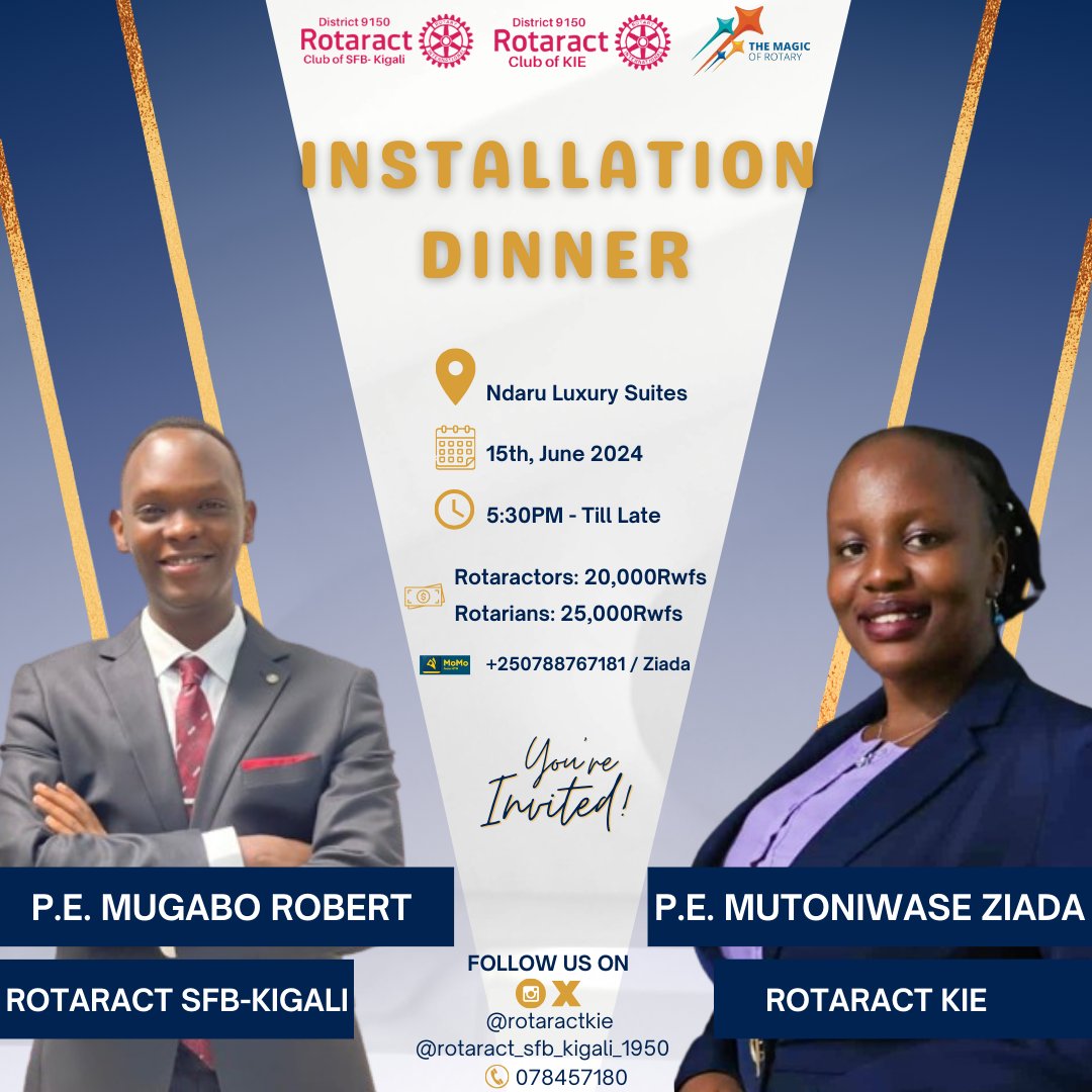 Ladies and Gentlemen let the countdown begin. Are you ready for a fun filled installation? Please join us as we welcome these two magical presidents in office. It's on 15th June 2024 at Ndaru Luxury Suites. Get your outfit ready and let's celebrate a new rotary year. See you!
