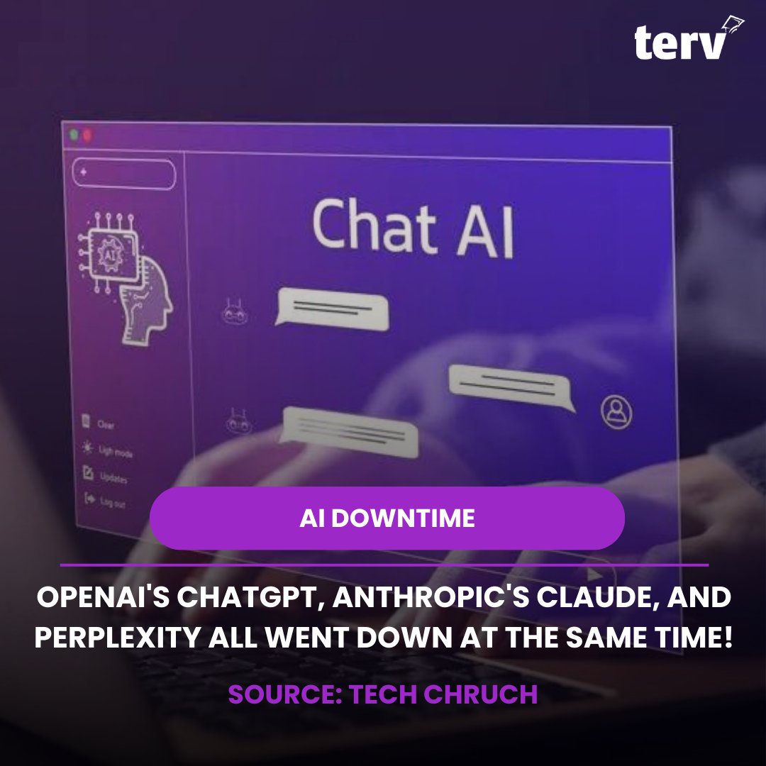 TervProTech's tweet photo. AI apocalypse? 🤖💥
Seems the AI overlords had a system-wide glitch! The big 3 AI chatbots #ChatGPT, #Claude, and #Perplexity all went offline for a while.⏳⚠️
#AIDowntime #ChatGPTDown #ClaudeDown #PerplexityDown #TechIssues #AIReboot #artificialintelligence #tervpro https://t.co/YMyGbuZMwU