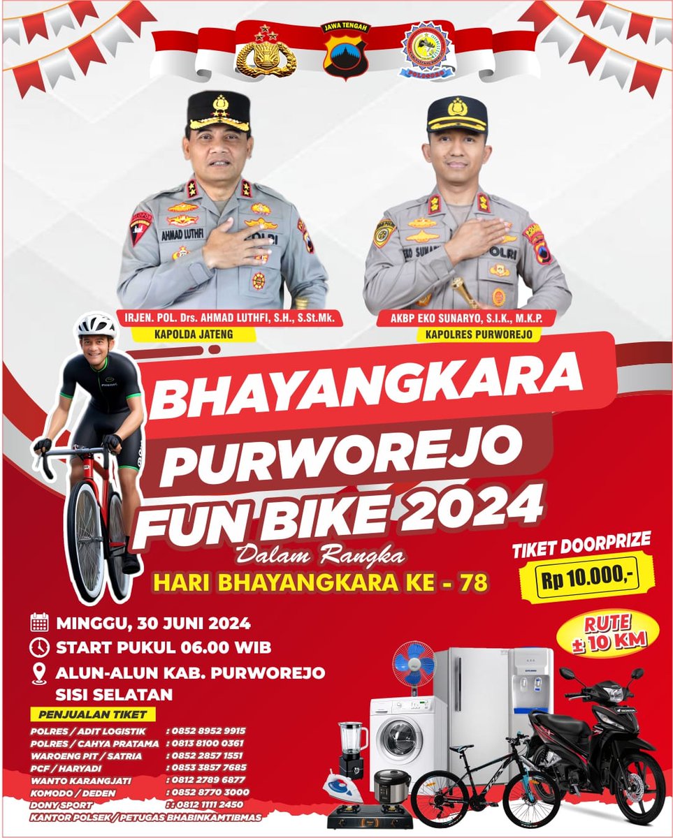 PurworejoPolres's tweet photo. Halo masyarakat Purworejo dan sekitarnya. 
Yuk ! Ikuti dan meriahkan 

Bhayangkara Purworejo Fun Bike 2024.
Dalam Rangka Hari Bhayangkara ke-78.
Pada hari Minggu tanggal 30 Juni 2024 di Alun-alun Purworejo.

#polrespurworejo #purworejo #funbike https://t.co/nZMlWPwwbi