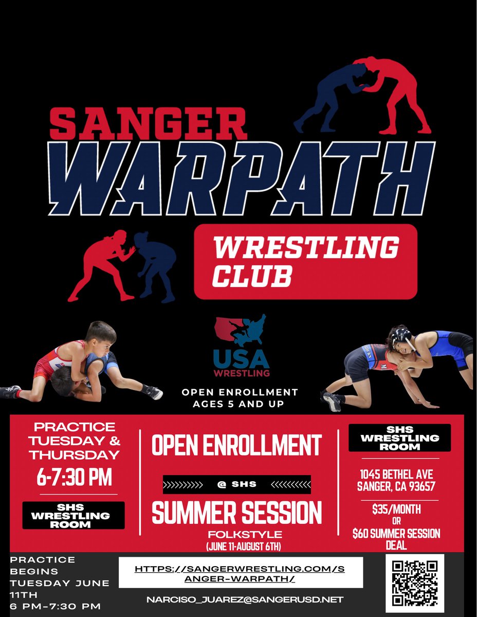 Sanger Warpath Wrestling Club Summer Session Begins Tuesday June 11th. Practices will be Tuesday And Thursday 6-7:30 PM in the SHS Wrestling Room. Sign up online at sangerwrestling.com/sanger-warpath/ and check out our Summer Session Deal.