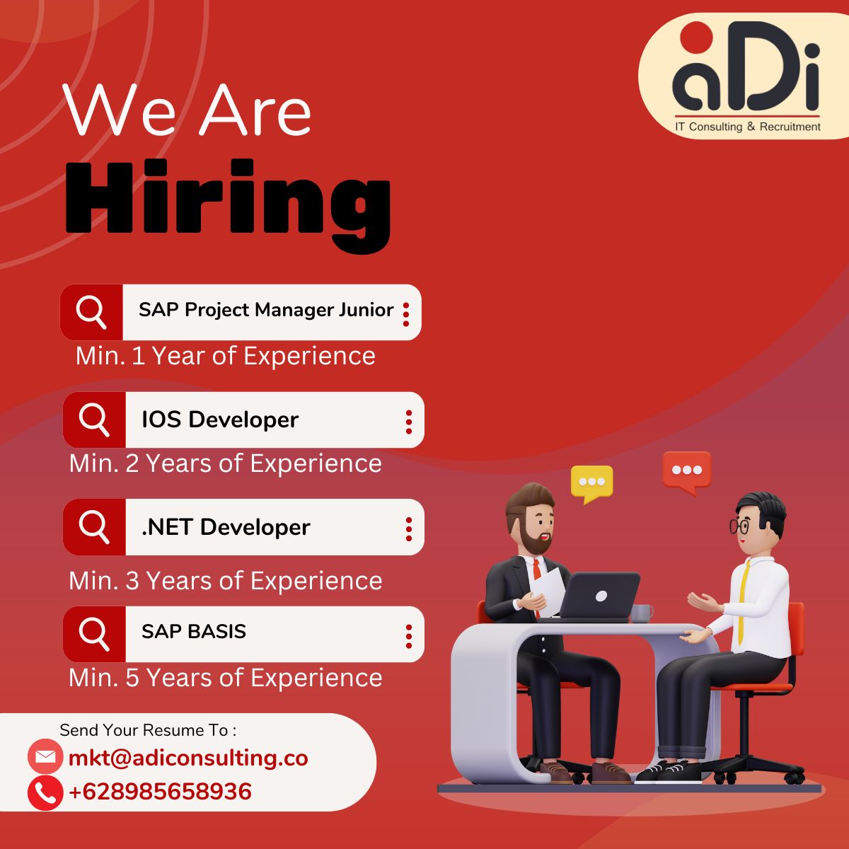 Adiconsult_indo's tweet photo. 🚀 Kami Sedang Hiring!
Perusahaan kami membuka lowongan untuk berbagai posisi. Profesional berpengalaman, ini kesempatan Anda!
Kunjungi halaman karier kami untuk info lebih lanjut.🌟
#LowonganKerja #Karier #Hiring #KesempatanKerja #TwitterJobs https://t.co/juTk2Q2q5I