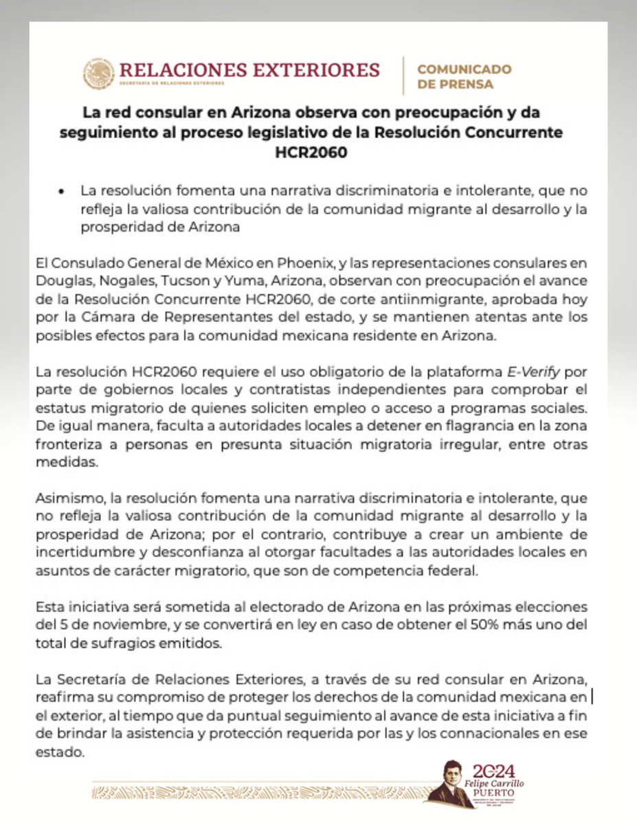 ConsulMexPho's tweet photo. COMUNICADO SOBRE LA INICIATIVA HCR 2060

La red consular de 🇲🇽 en #Arizona observa con preocupación y da seguimiento al proceso legislativo de la Resolución Concurrente HCR 2060⤵️ https://t.co/iIu83MkxuC