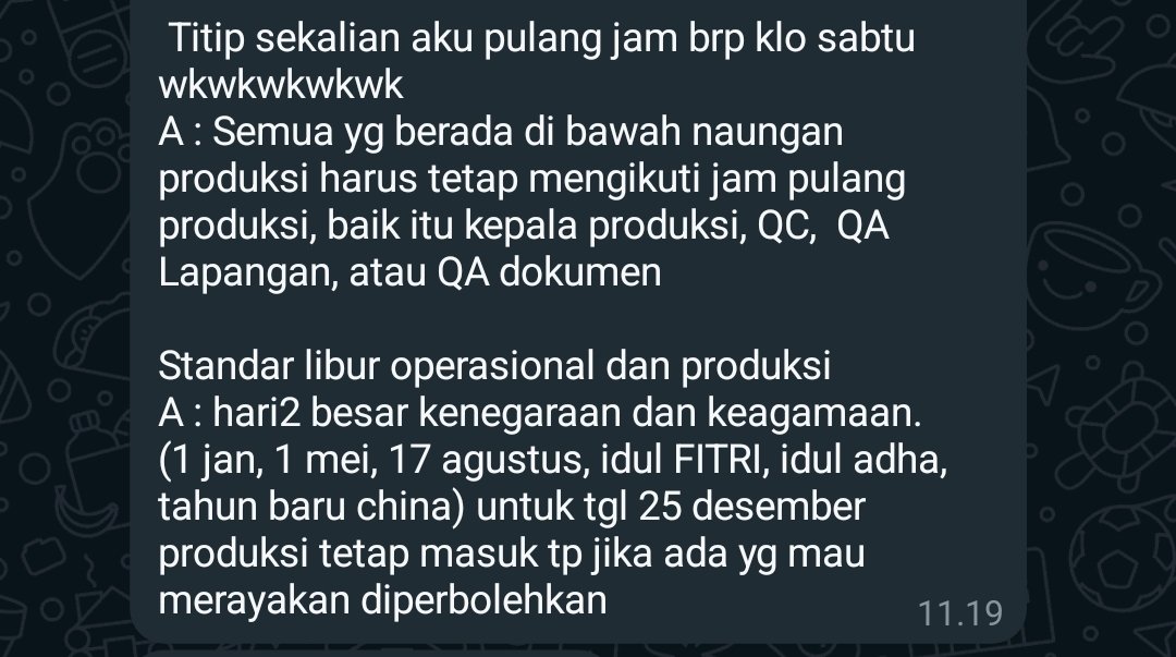 kapangdankamiww's tweet photo. Tiap tanggal merah selalu masuk dengan alasan ikutin produksi, senin sampe sabtu 8,5 jam kerja. Tp klo tuker hari libur cuma dapetnya 8 jam kerja, ga dapet lembur juga pdhal seminggu 51 jam kerja. Uhuyyyy

Enaknya emang langsung tag  @KemnakerRI @Disnakertransgi @hrdbacot https://t.co/UiWH376Xyb