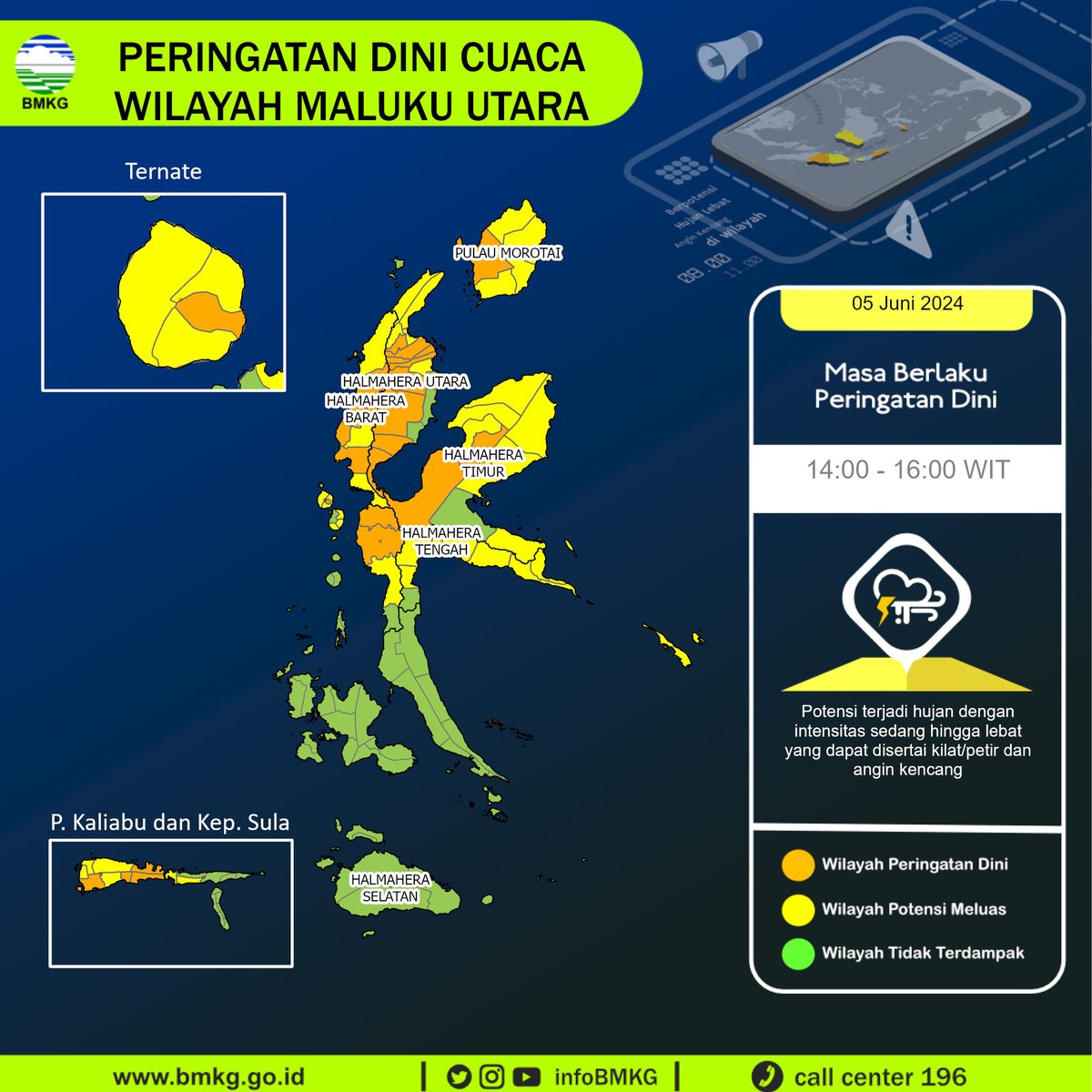 infoBMKG's tweet photo. Update Peringatan Dini Cuaca Wilayah - Maluku Utara Tgl. 05 Juni 2024 pkl. 14:00 WIT
Prakirawan - BMKG - Maluku Utara
https://t.co/6hGgegjTbt https://t.co/gREutzw7ww